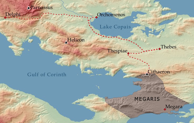 Map of the journeys of Heracles' early life.