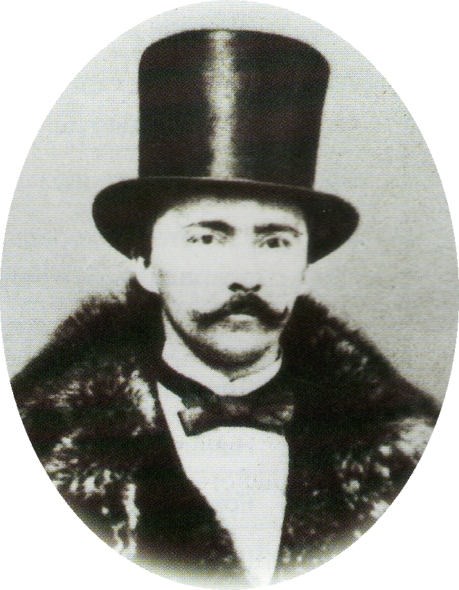A photo of 38-year-old Heinrich Schliemann wearing a top hat, bowtie, and a fur coat