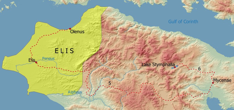 A map of Heracles' fifth and sixth Labors: the Augean Stables and the Stymphalian Birds.