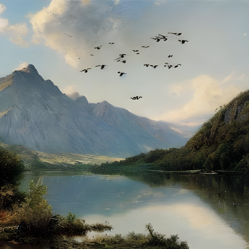 A painting of birds flying over Lake Stymphalia.