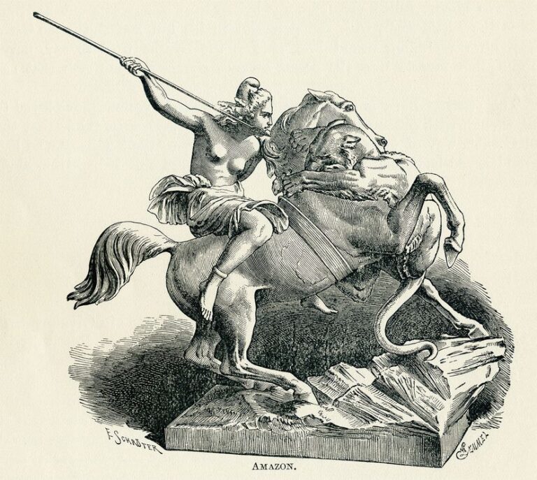 A 19th-century illustration of Amazone zu Pferde.