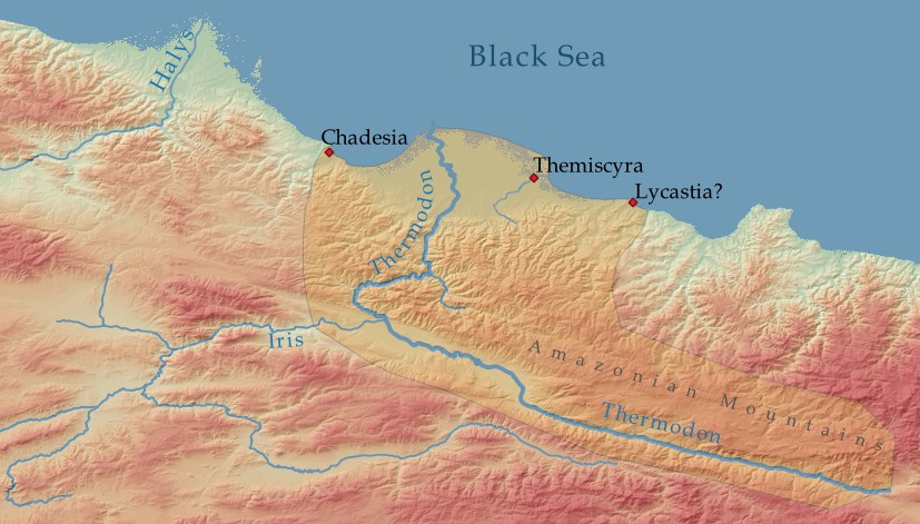 Before: The Thermodon was equated with the Lycus + lower Iris rivers. This was how it was when the Amazons inhabited this region in the Heroic Age.