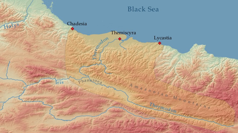 Map of Amazonia with Themiscyra at the head of a bay. The delta is also smaller to compensate for millennia of sedimentation.