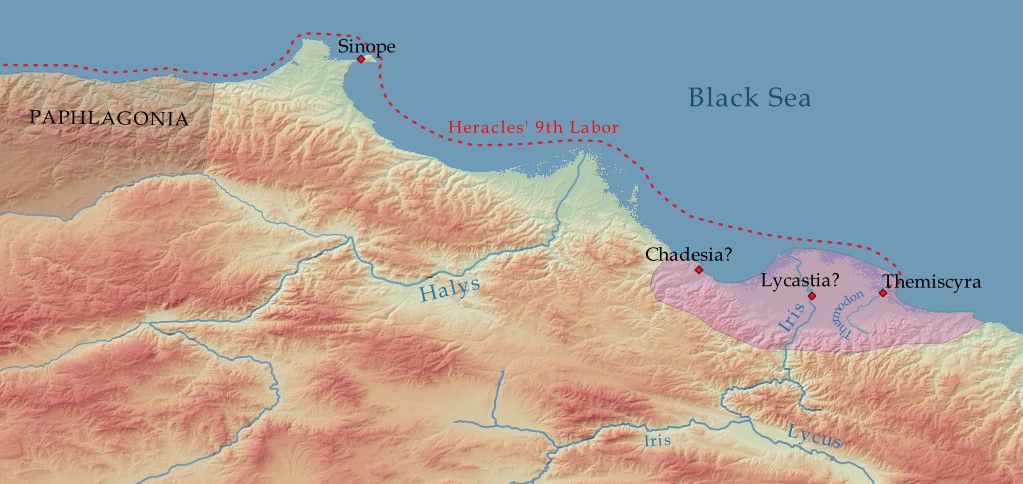Map 1: Heracles' ninth Labor to Themiscyra. Amazonia is shaded in pink.