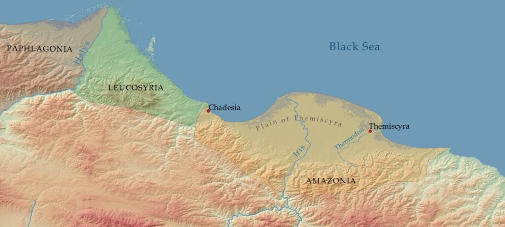 Map 3: Amazonia bordered Leucosyria to the west. Chadesia was near modern Samsun, and Themiscyra was on the left bank of the Thermodon River.