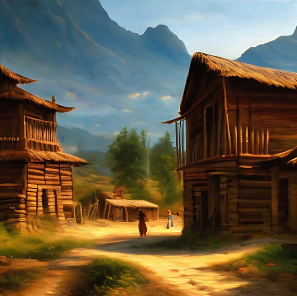 Image of a wooden Amazonian village beneath the mountains.