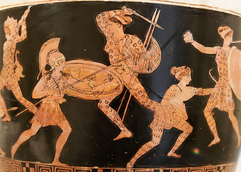 An Amazon warrior wearing trousers, Thraco-Scythian spotted clothing, and a leather cap, wielding a pelta shield. Courtesy of the Metropolitan Museum of Art.