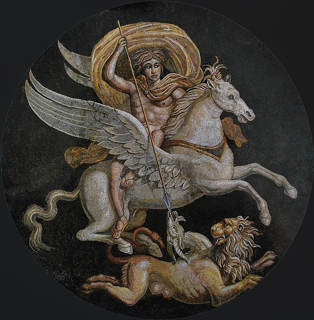 A Roman mosaic showing Bellerophon riding Pegasus and slaying the Chimera. In collections at Musee Rolin Autun.