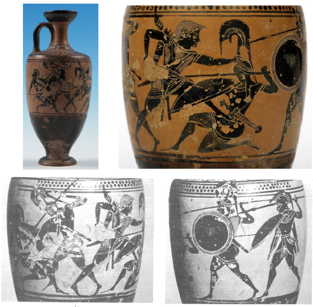 A Greek lekythos depicting multiple skirmishes between Greeks and Amazons. The bottom right image shows an Amazon (whose shield is facing us) and a male warrior coming to the aid of a fallen Amazon (shown in the top right image). Courtesy of the Ure Museum of Greek Archaeology.