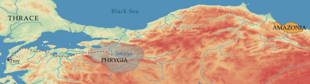 Priam's route from Troy to the Sakarya River in Phrygia, featuring Pontic Amazonia.