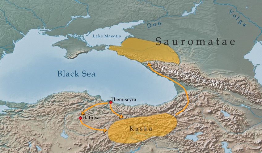 Map of the migration of the Amazons to the foothills north of the Caucasus Mountains.