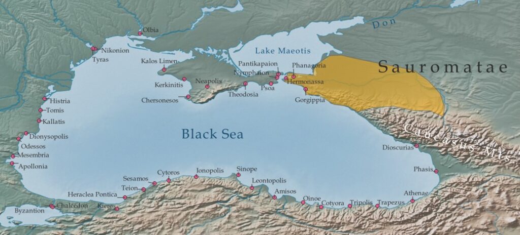 Map of the Greek colonies on the Black Sea. The highlighted area is where the Amazons migrated. The colonies in this region (Phanagoria, Gorgippia, and Hermonassa) were not founded until the 6th century BC.