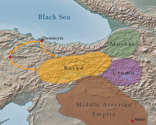 Map of the migration of the Kaska into eastern Anatolia (at the headwaters of the Tigris and Euphrates rivers) at the end of the Bronze Age c. 1100 BC. It is thought that they migrated through the Hittite lands, contributing to the collapse of the Empire.
